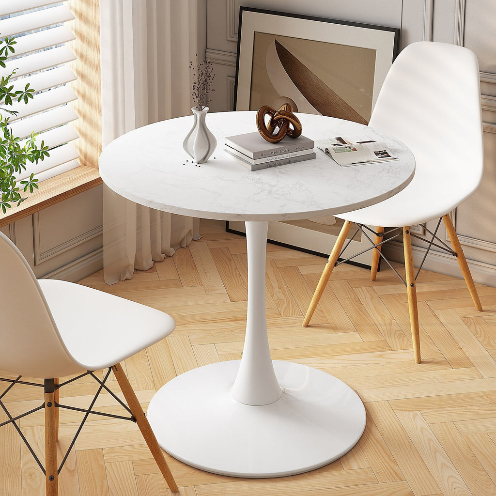 32" Round Marble White Dining Table with Metal Base W556
