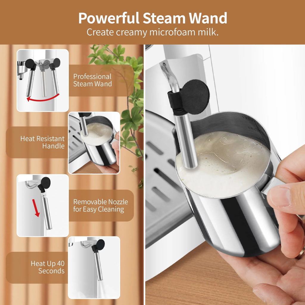 20 Bar Espresso Machine with Milk Frother Wand, 40.58 oz, White T692179