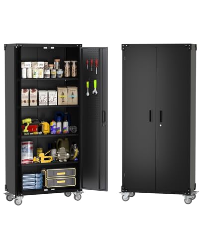 Metal Storage Cabinet with Wheels, Steel Tool Cabinet with Pegboard and 4 Adjustable Shelves D42580