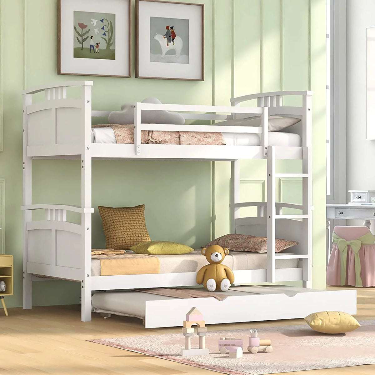 White Wooden Bunk Bed with Trundle F6279
