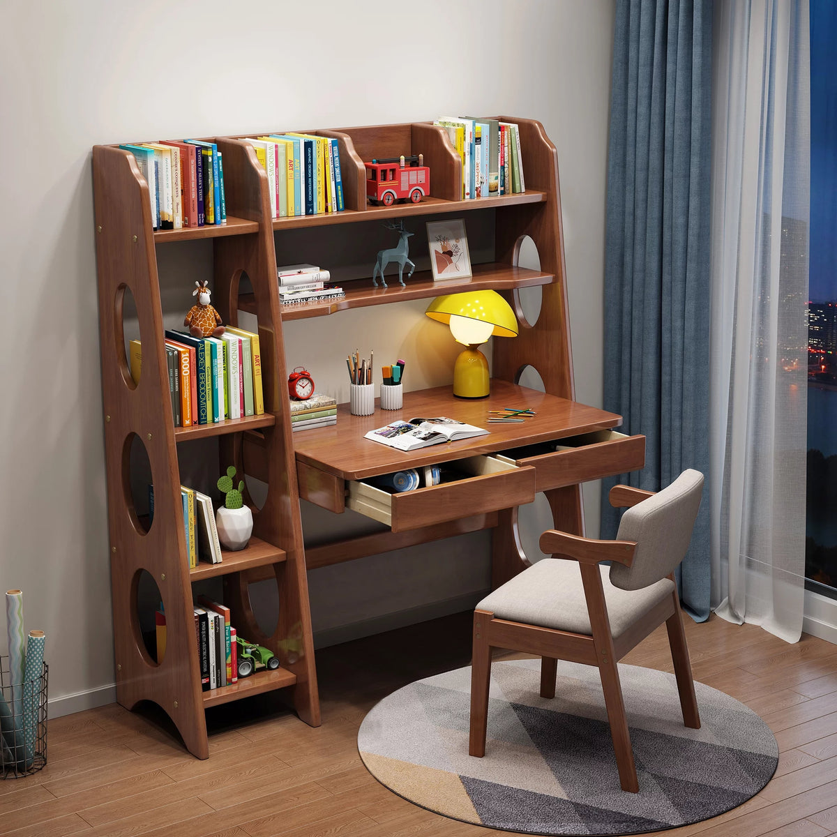 Brown Wooden Kid's Desk and Chair Set with Drawers and Bookshelf O9241