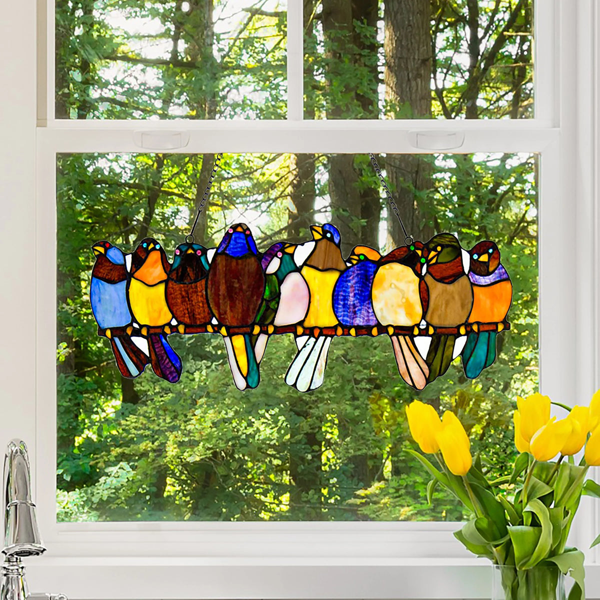 Stained Glass Birds on a Wire Window Panel H594