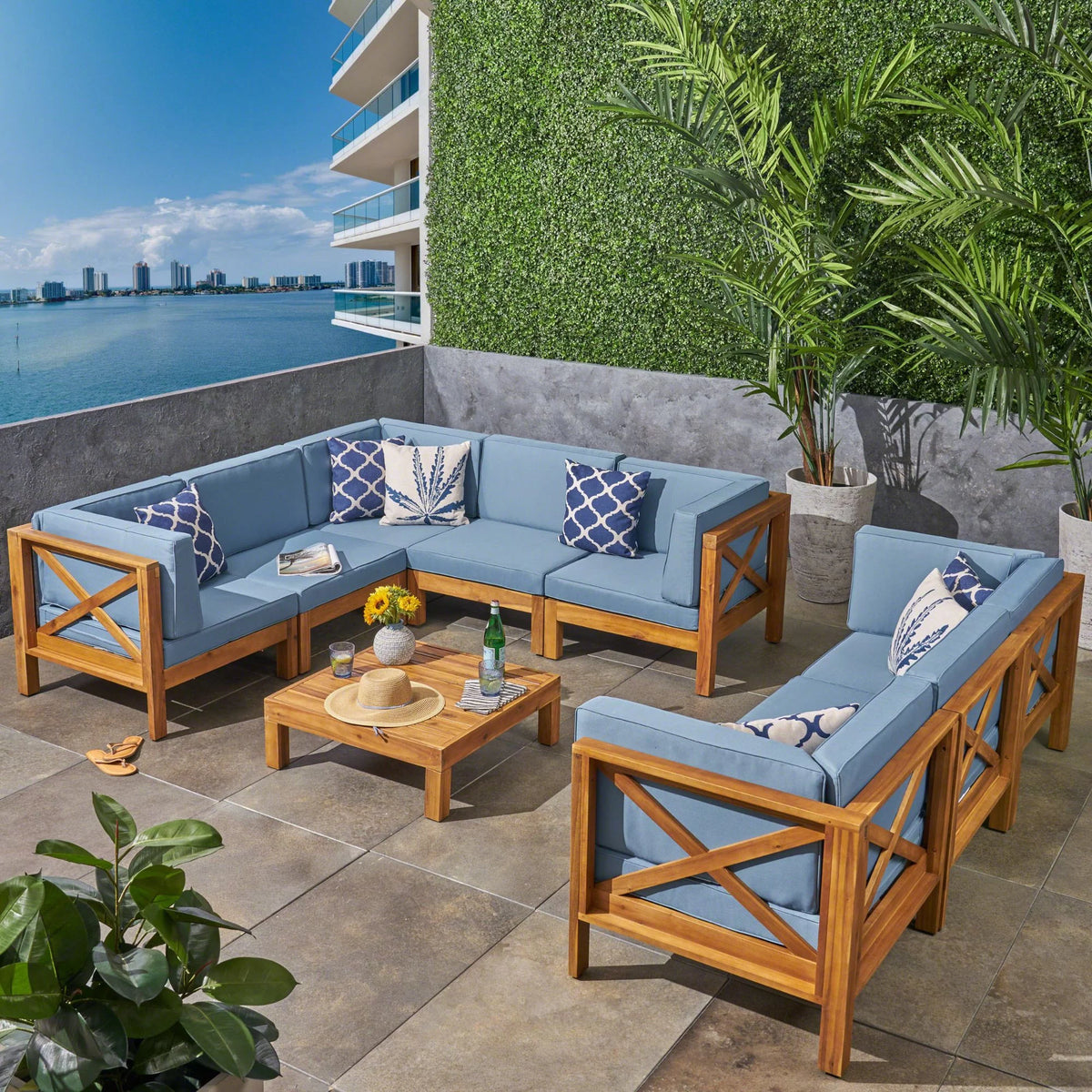 Teak Blue 8 Seater Wood Sectional Sofa Set with Coffee Table I26529