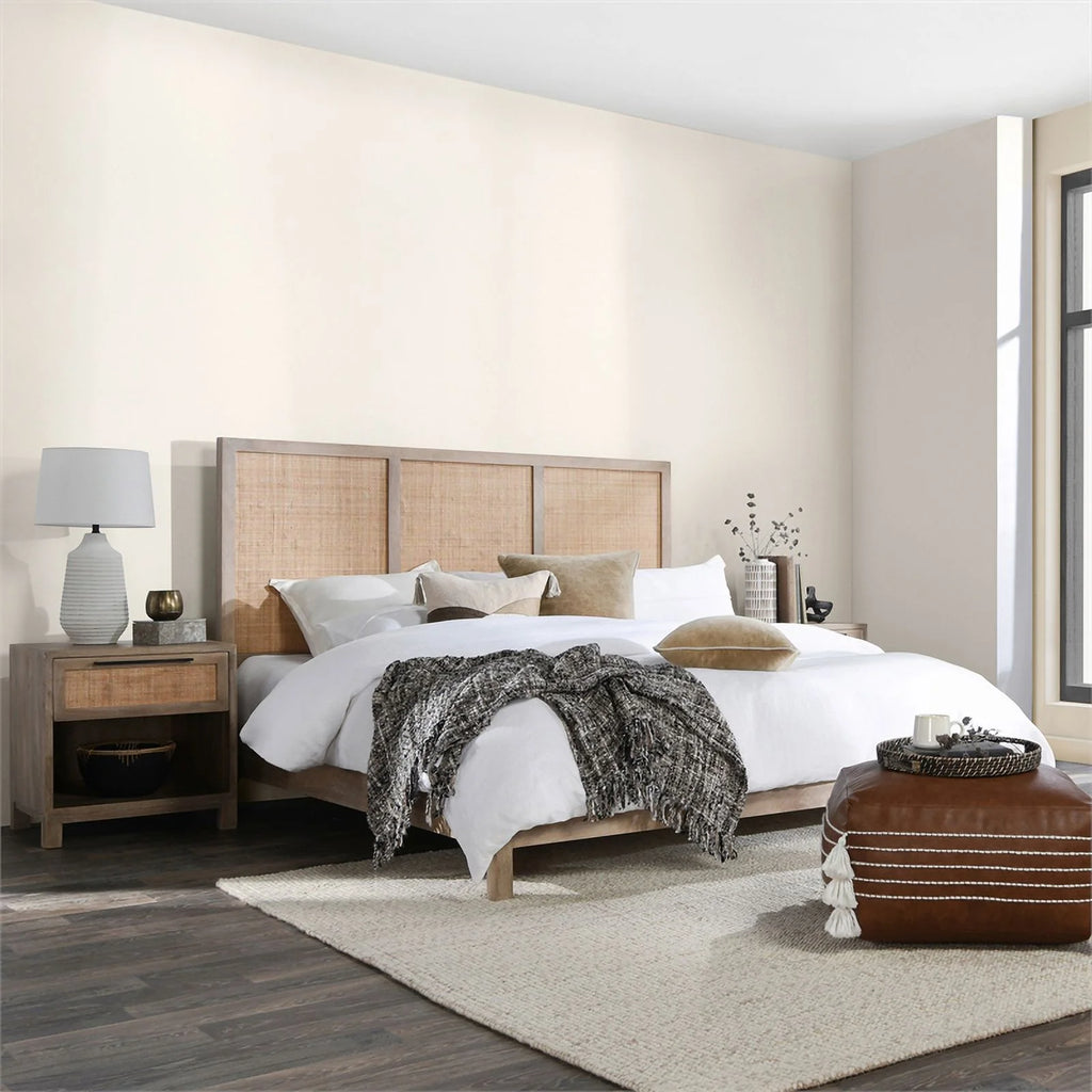 Queen Bed Open Weave Caning Solid Mango Wood Taupe O6996