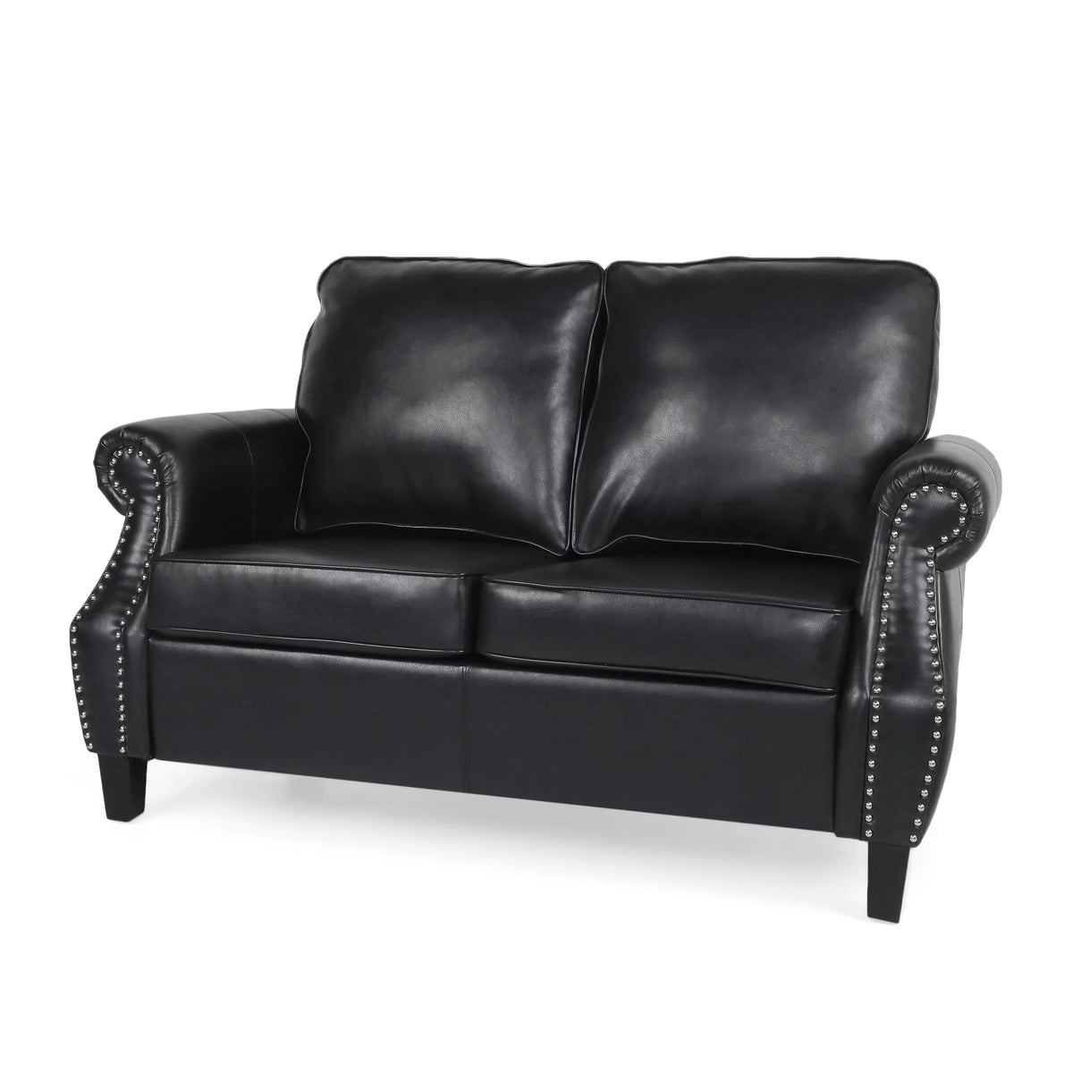Midnight Black and Dark Brown Faux Leather Loveseat with Nailhead Trim N698599