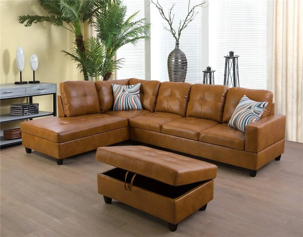 Faux Leather 3 Piece L-Shaped Sectional Sofa with Storage Ottoman and Pillows H264933