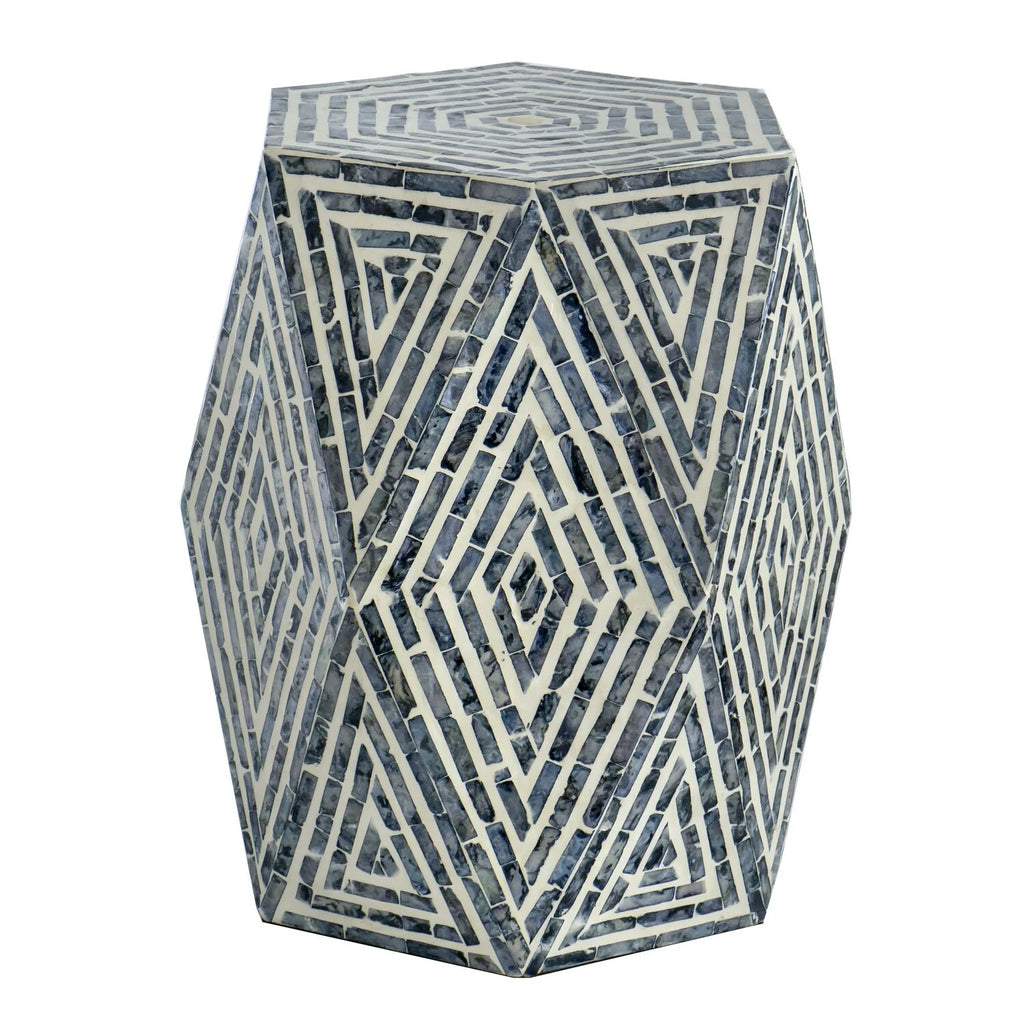 18 Inch Hexagonal Blue White Accent Table Stool T49438