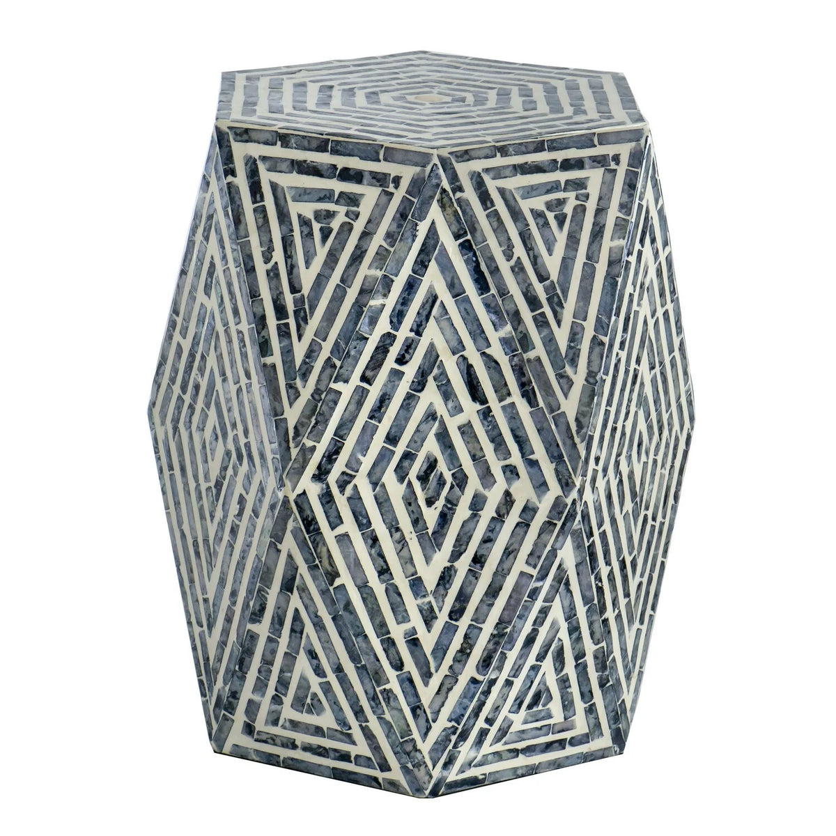 18 Inch Hexagonal Blue White Accent Table Stool T49438