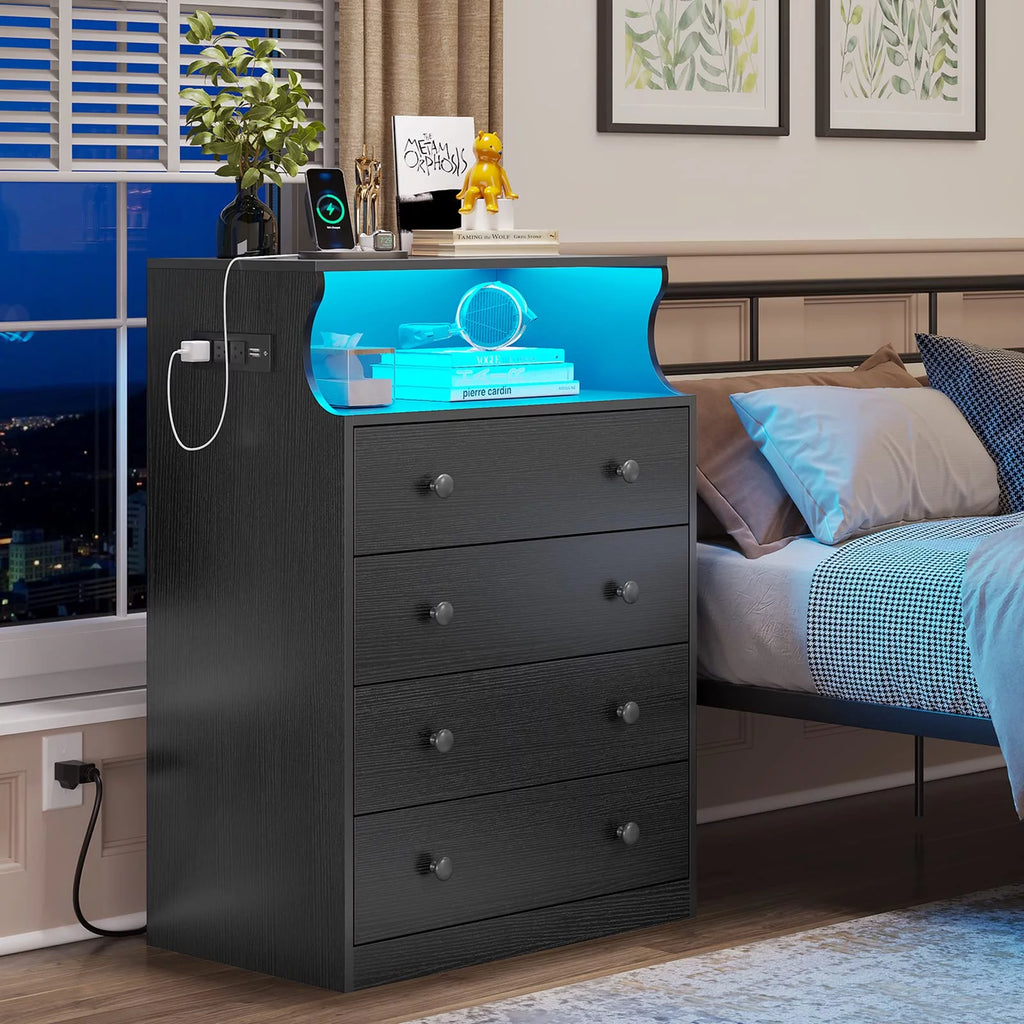 Black 4 Drawer Dresser with LED Lights and Charging Station C266914