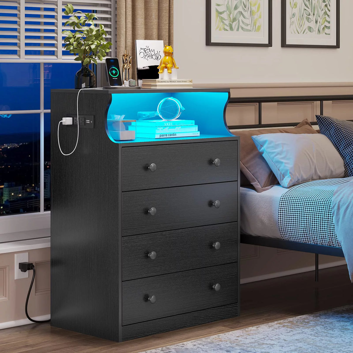 Black 4 Drawer Dresser with LED Lights and Charging Station C266914