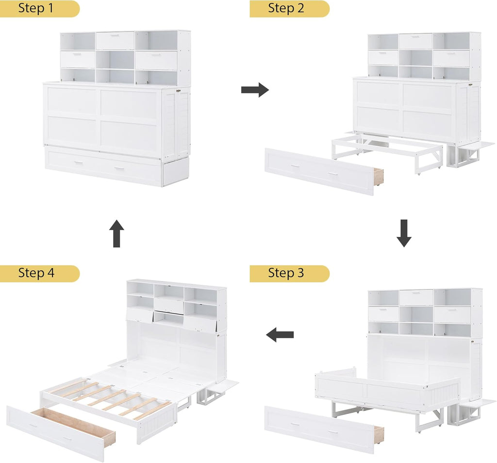 White Queen Size Murphy Bed with Bookcase and Drawer V370444