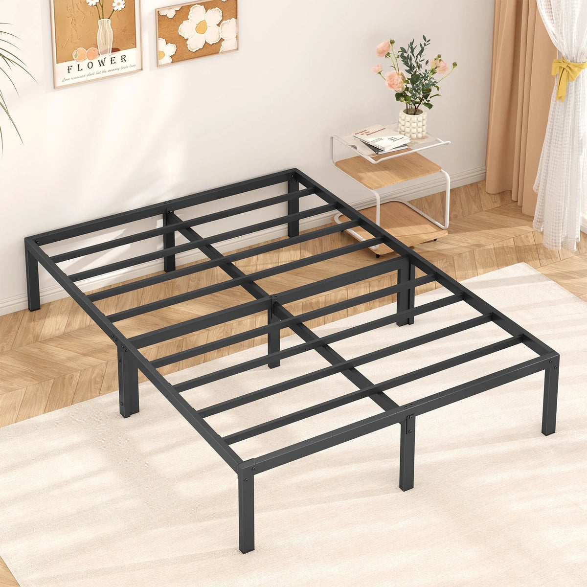 Heavy Duty Queen Size Metal Platform Bed Frame with 14 inch Under Bed Storage, Black P19483