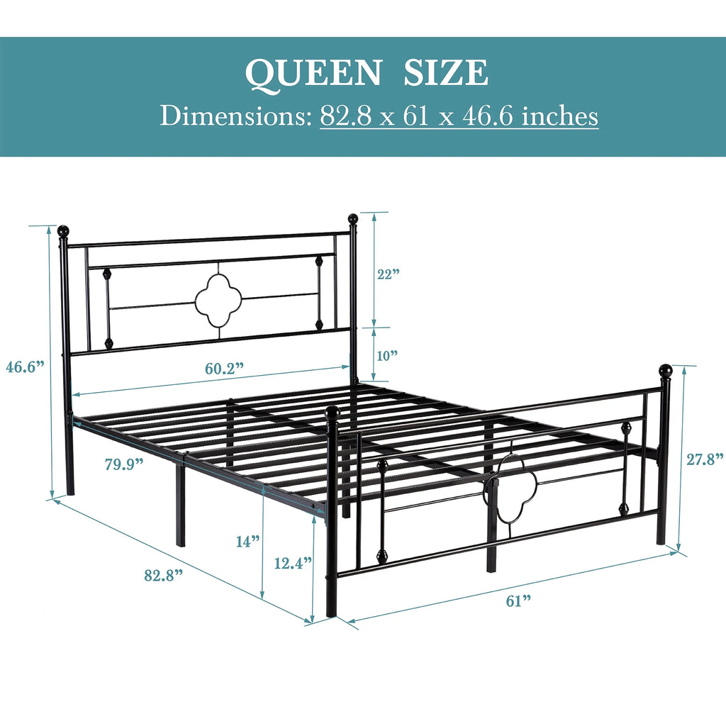 Queen Size Black Metal Bed with Vintage Headboard G830