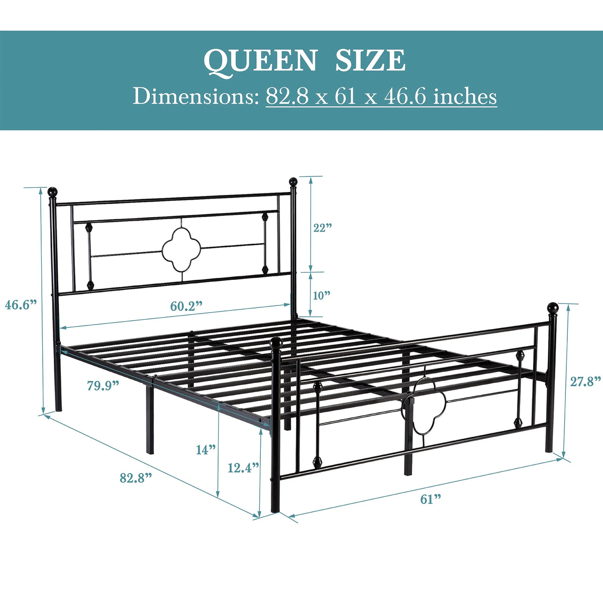 Queen Size Black Metal Bed with Vintage Headboard G830