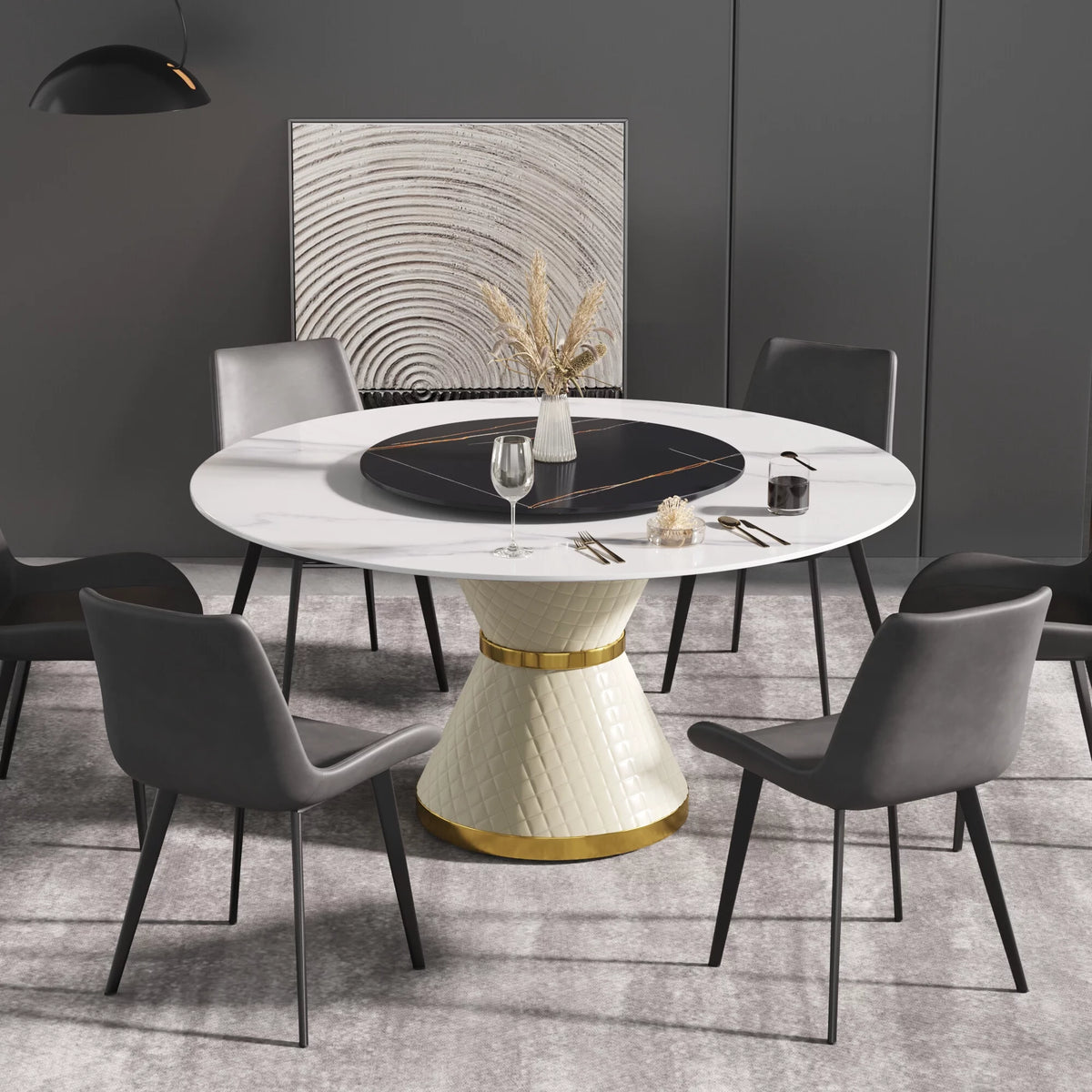 White Sintered Stone Round Dining Table with Black Slate Turntable Y312