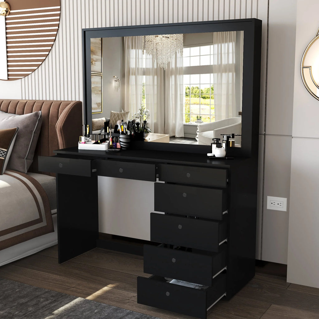 Modern Black Vanity Table with Wide Mirror Q43230