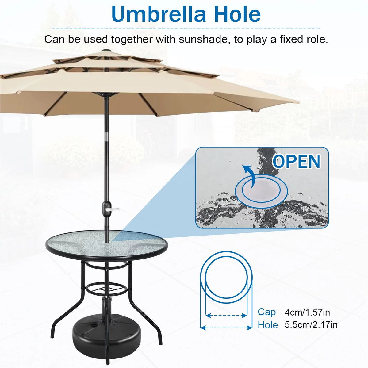 32" Round Glass Patio Table with Umbrella Hole B830