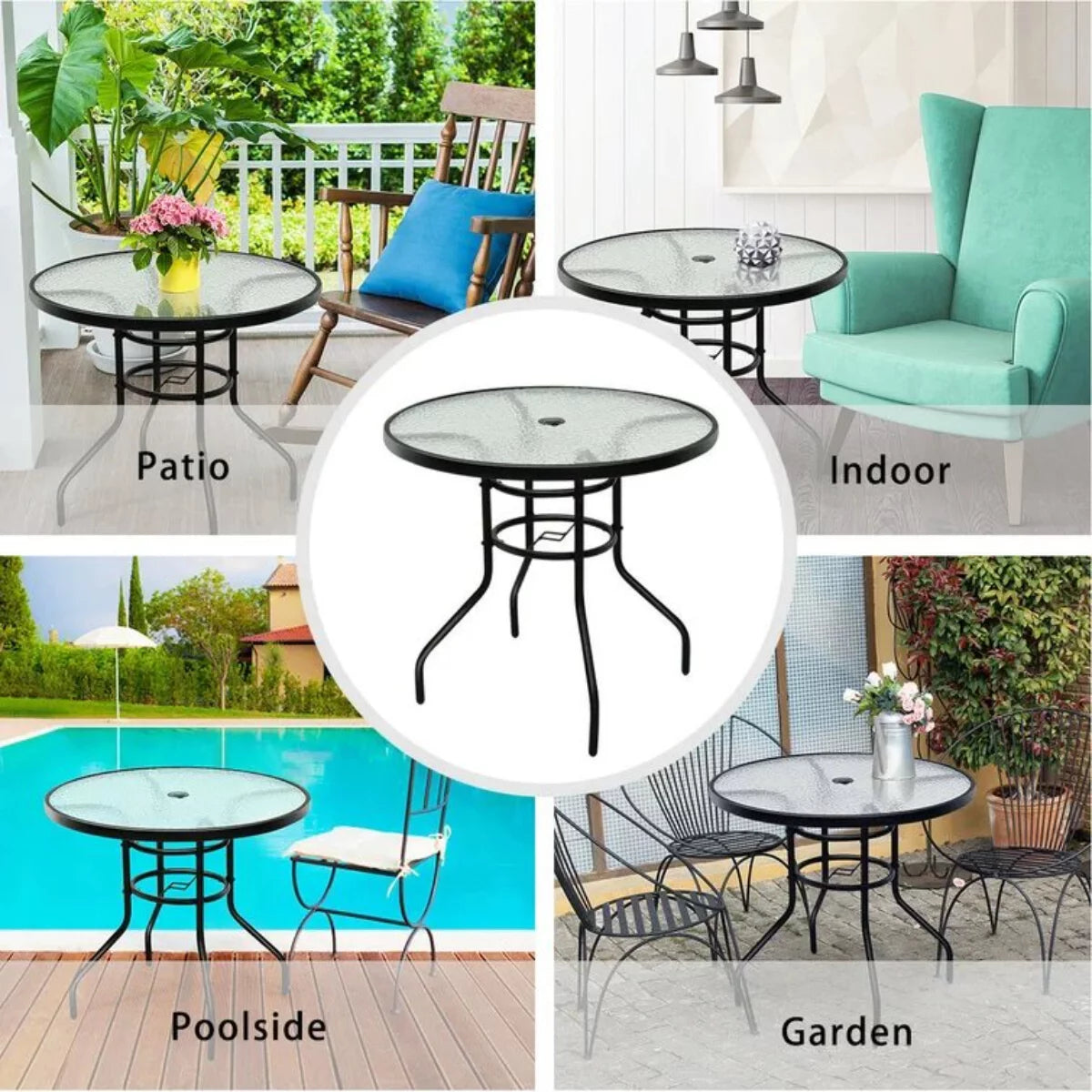 32" Round Glass Patio Table with Umbrella Hole B830