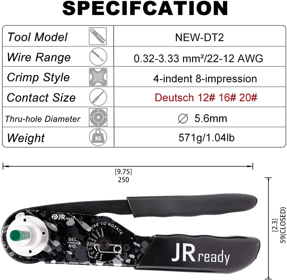 DT2 Solid Barrel Crimping Tool Kit with Removal Tool Kit for 12 to 22 AWG Wire Harness DT Series Closed Barrel Terminals J4512