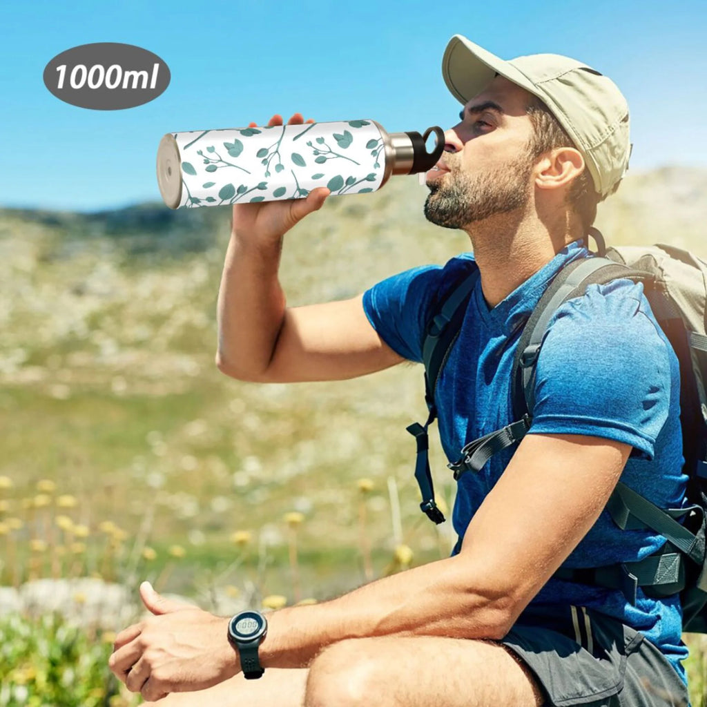 Blue Leaves Stainless Steel Insulated Water Bottle with Straw Lid W4107