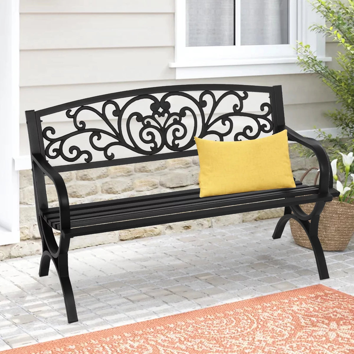 50-in Black Metal Garden Bench with Armrests I485