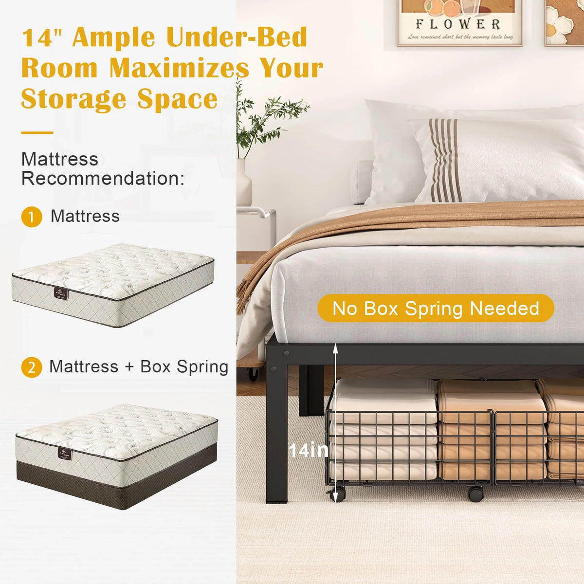 Heavy Duty Queen Size Metal Platform Bed Frame with 14 inch Under Bed Storage, Black P19483