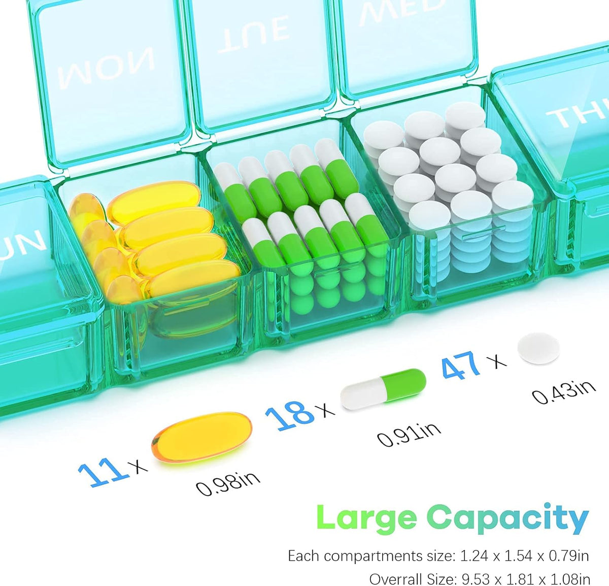 Blue+Green Extra Large Pill Organizer 2 Pack 7 Day Weekly Pill Case T3225