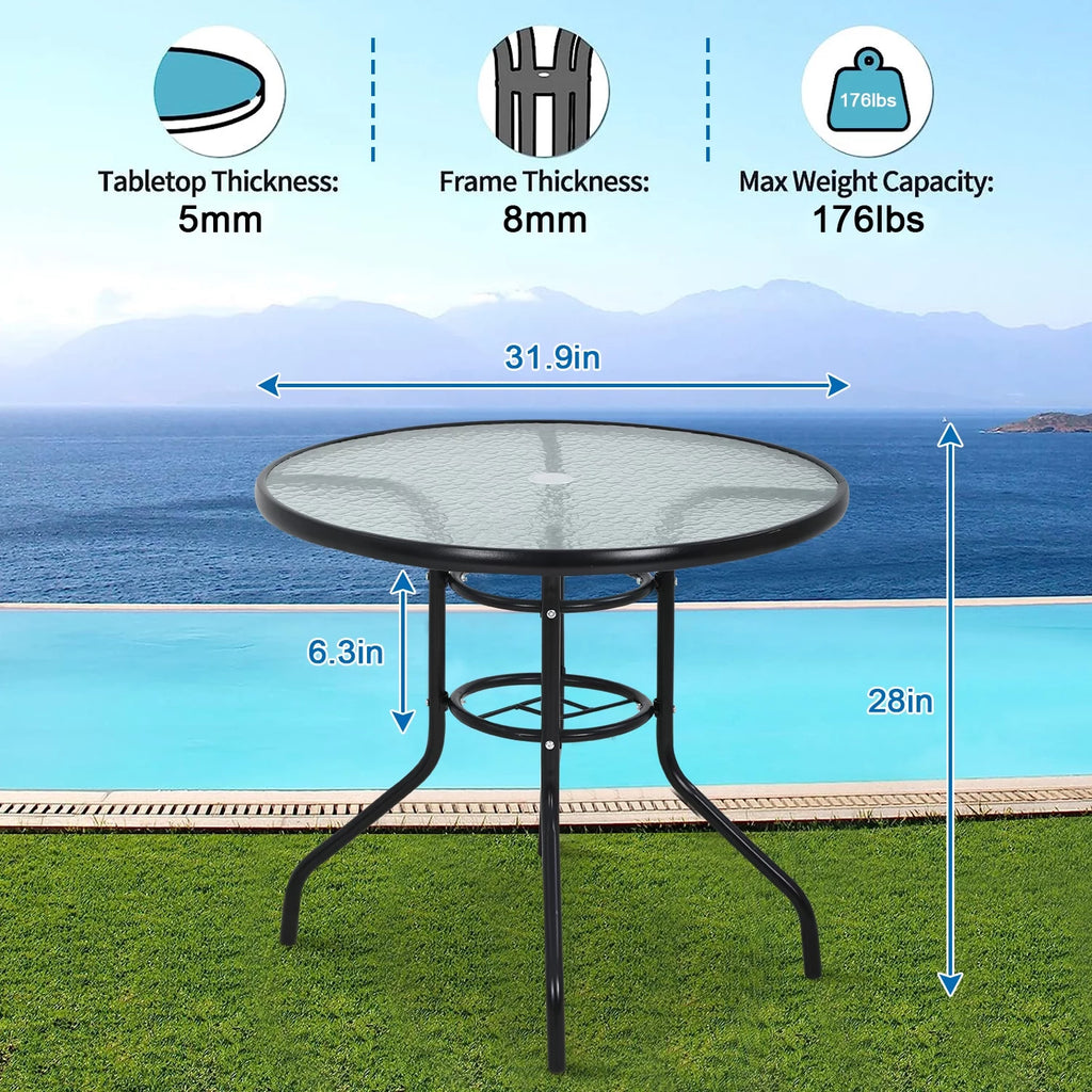32" Round Glass Patio Table with Umbrella Hole B830