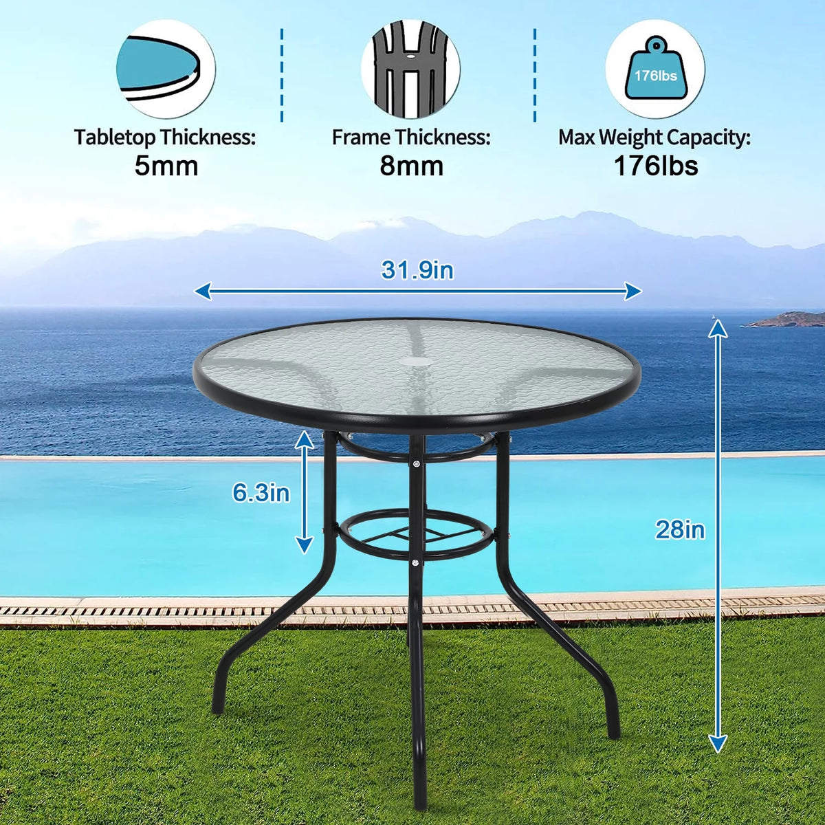 32" Round Glass Patio Table with Umbrella Hole B830