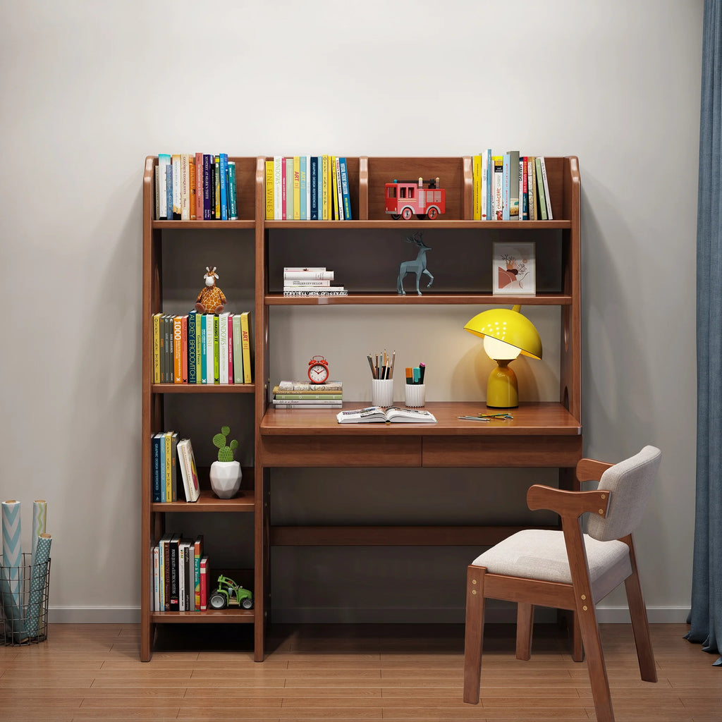 Brown Wooden Kid's Desk and Chair Set with Drawers and Bookshelf O9241