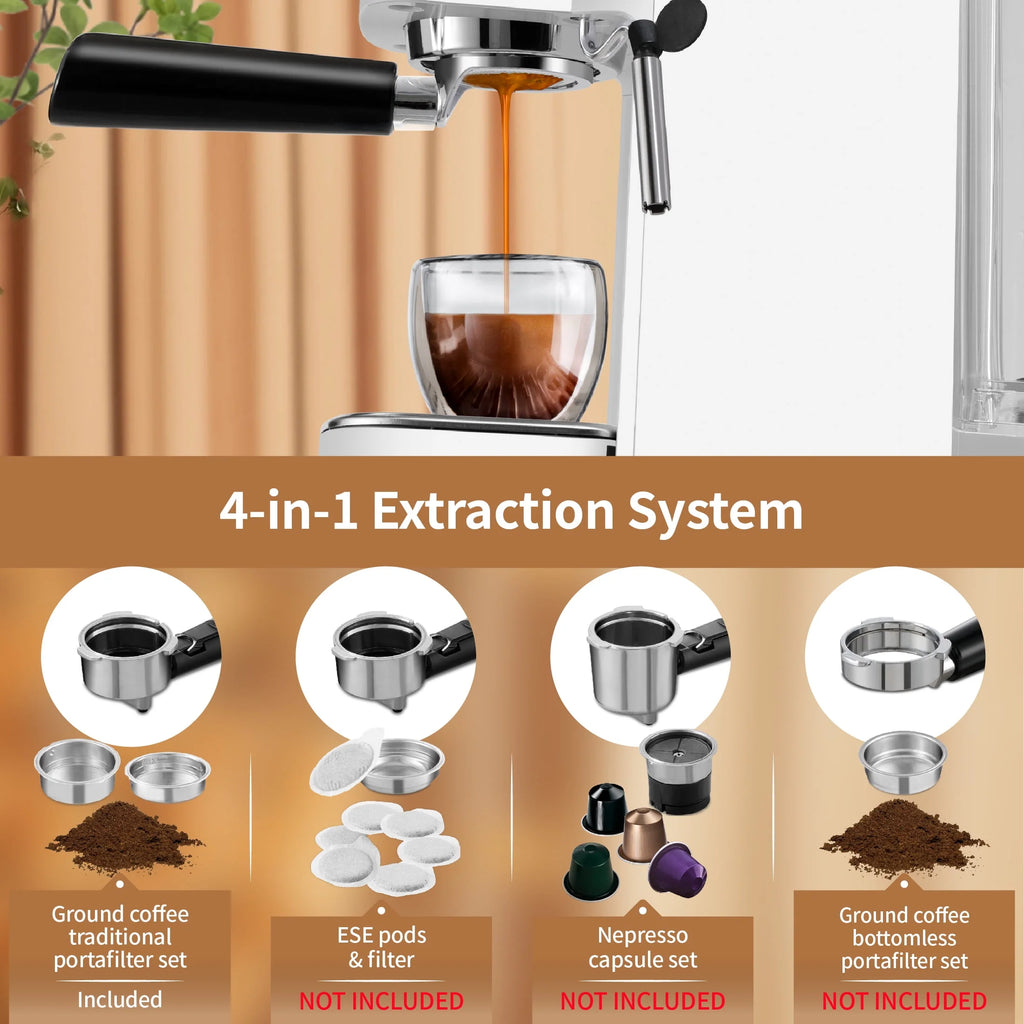 20 Bar Espresso Machine with Milk Frother Wand, 40.58 oz, White T692179