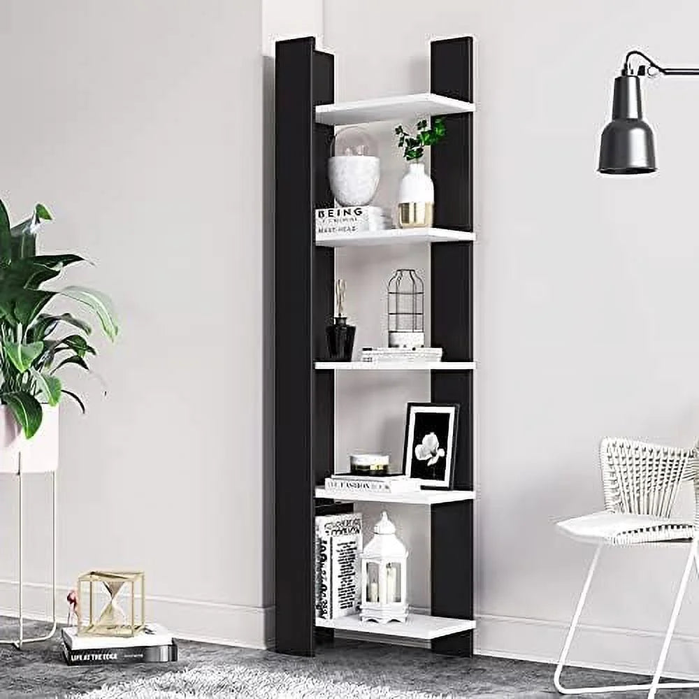 White 5-Corner Unit Display Shelves and Wooden Bookcase Q825