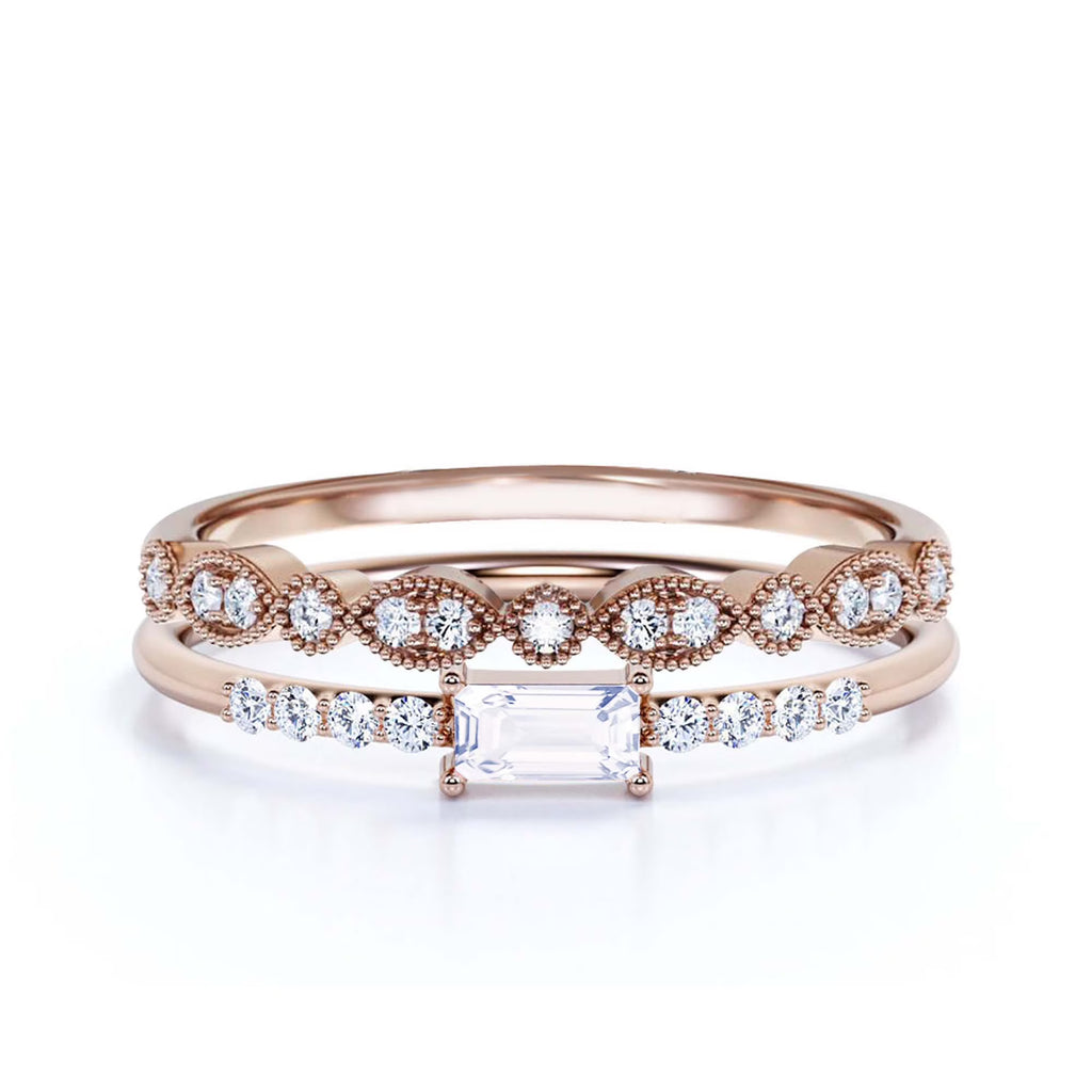 1.45 Carat Emerald Cut Diamond Moissanite Engagement Ring in Silver With 18k Rose Gold Plating I778
