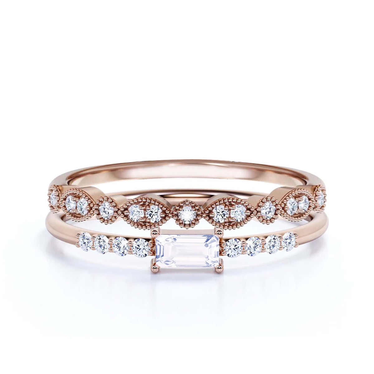 1.45 Carat Emerald Cut Diamond Moissanite Engagement Ring in Silver With 18k Rose Gold Plating I778