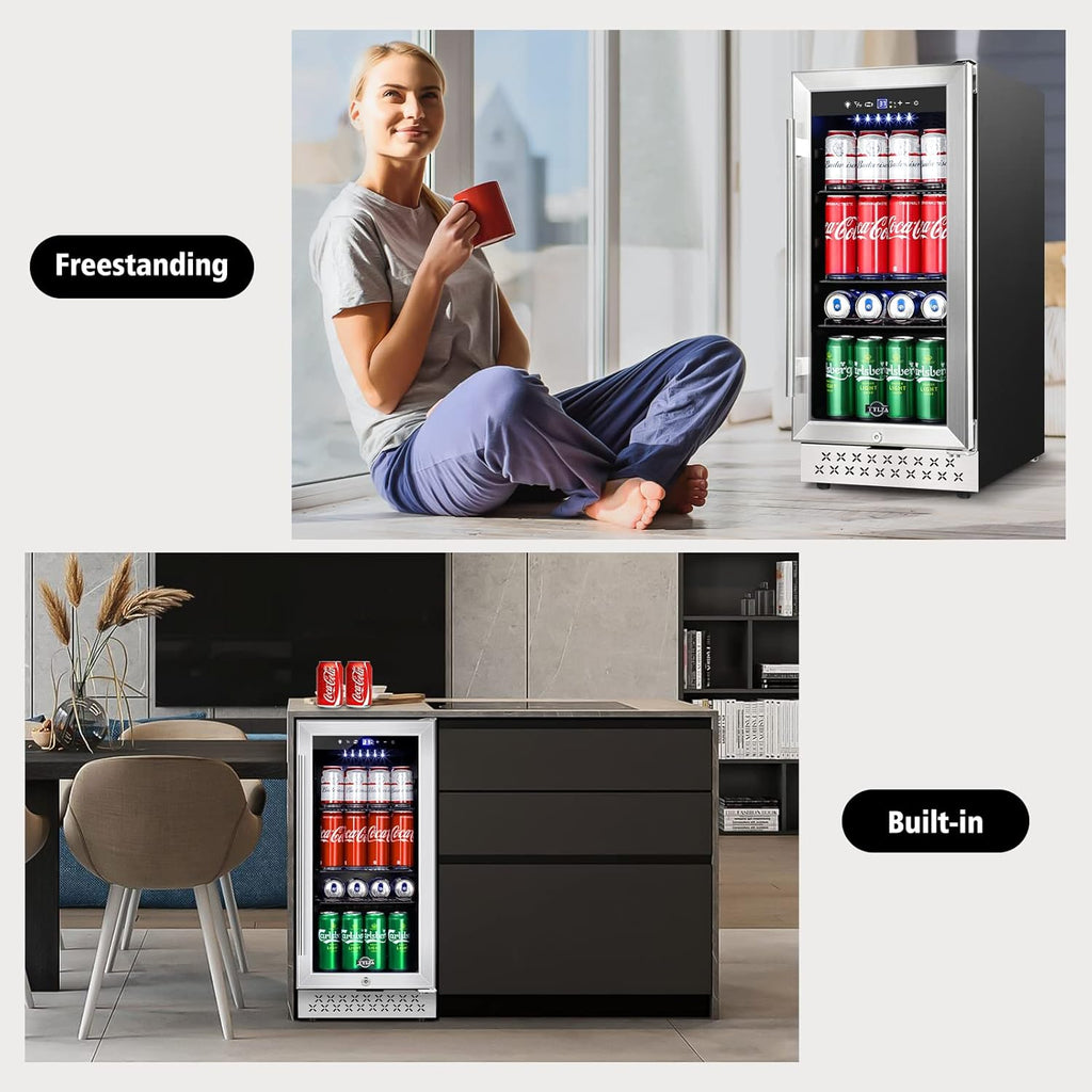 Mini Fridge 15 Inch Beverage Refrigerator Cooler, 130 Can, Glass Door G45120