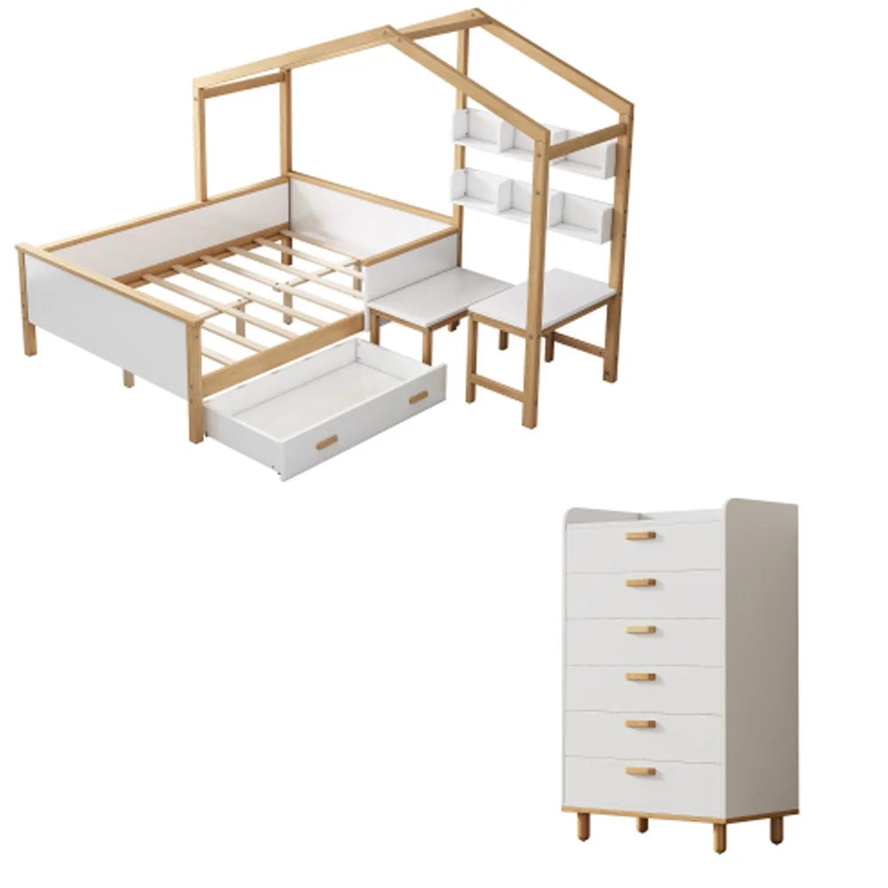 White Full Size Wooden House Bed with Desk and 6-Drawer Chest F507807