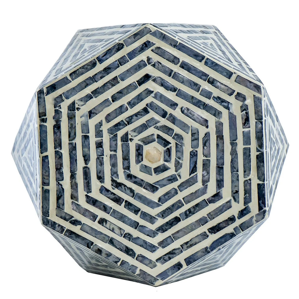 18 Inch Hexagonal Blue White Accent Table Stool T49438