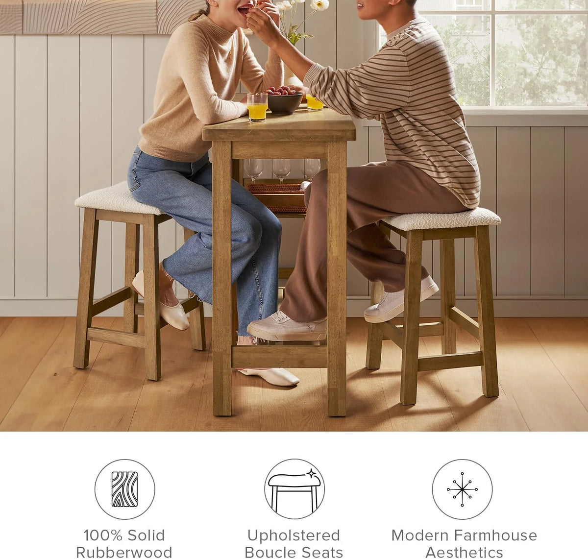 Solid Wood 3-Piece Counter Table Set with 2 Boucle Stools Z744