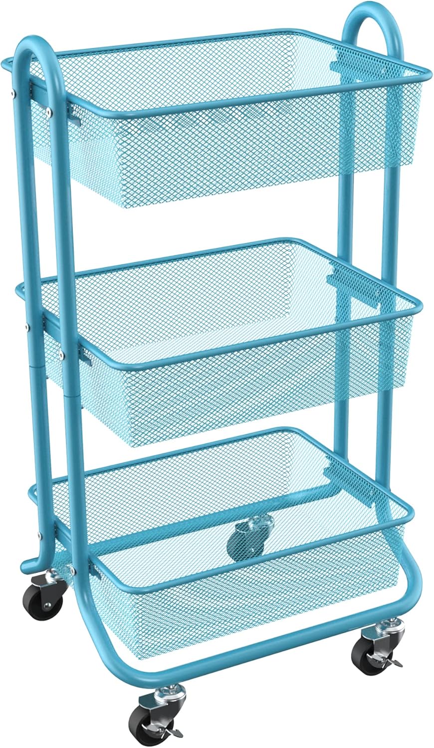 Turquoise 3 Tier Metal Rolling Utility Cart with Handle and Locking Wheels B422933