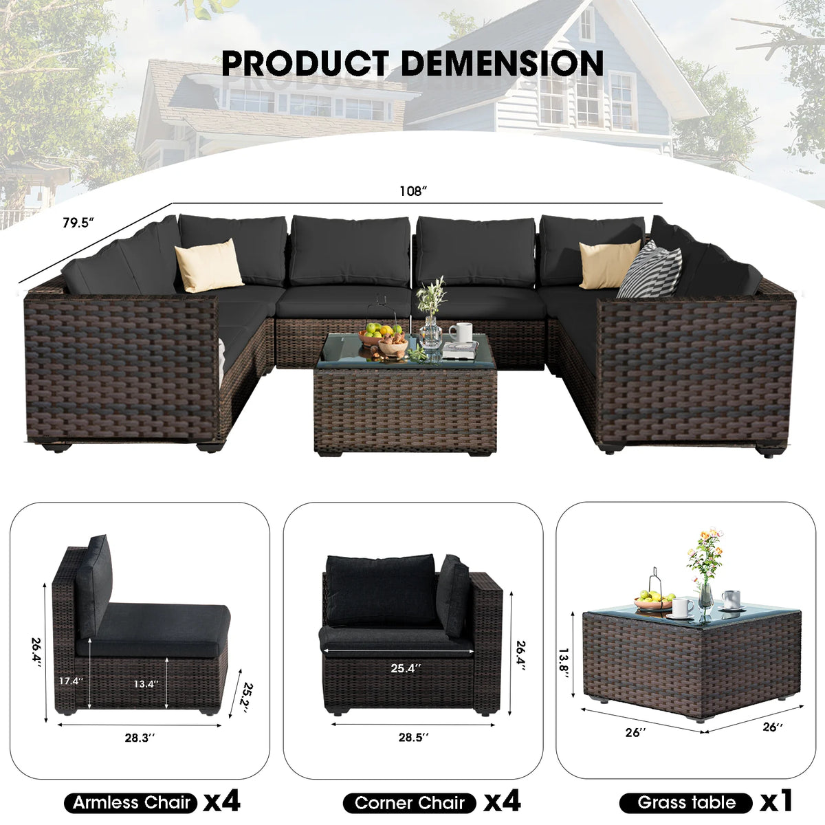 9 Pieces PE Wicker Rattan Sectional Sofa B85292