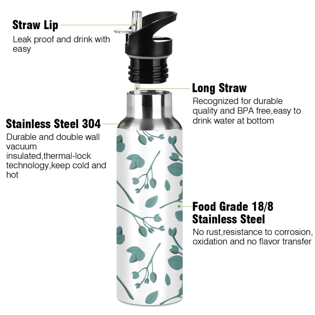 Blue Leaves Stainless Steel Insulated Water Bottle with Straw Lid W4107