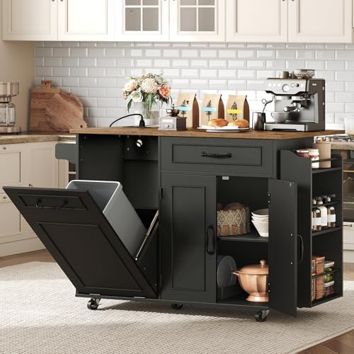White and Walnut Kitchen Island with Power Outlet and Drop Leaf Q687256