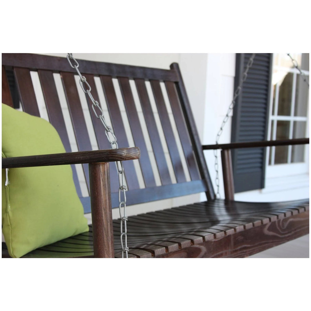 Red Wood Porch Swing with Vertical Slat Back and Seat K42445