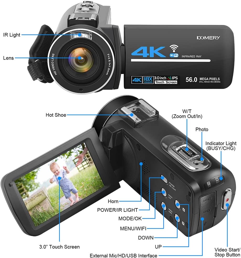 4K 56MP UHD Video Camera Camcorder with 32G SD Card IR Night Vision 18X Digital Zoom WiFi S5361