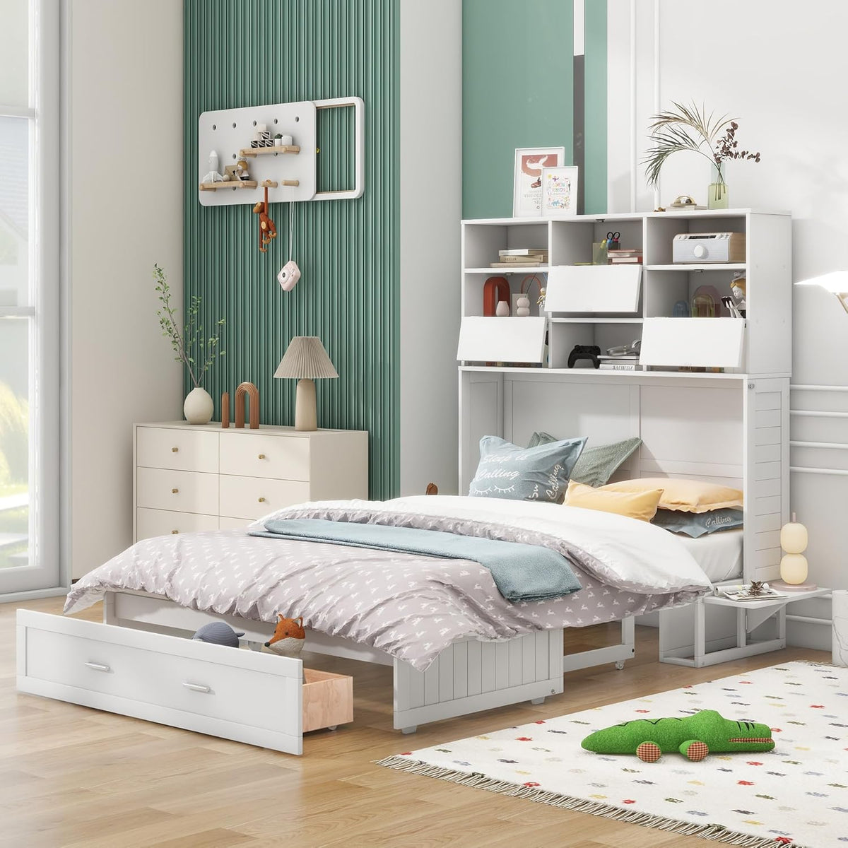 White Queen Size Murphy Bed with Bookcase and Drawer V370444
