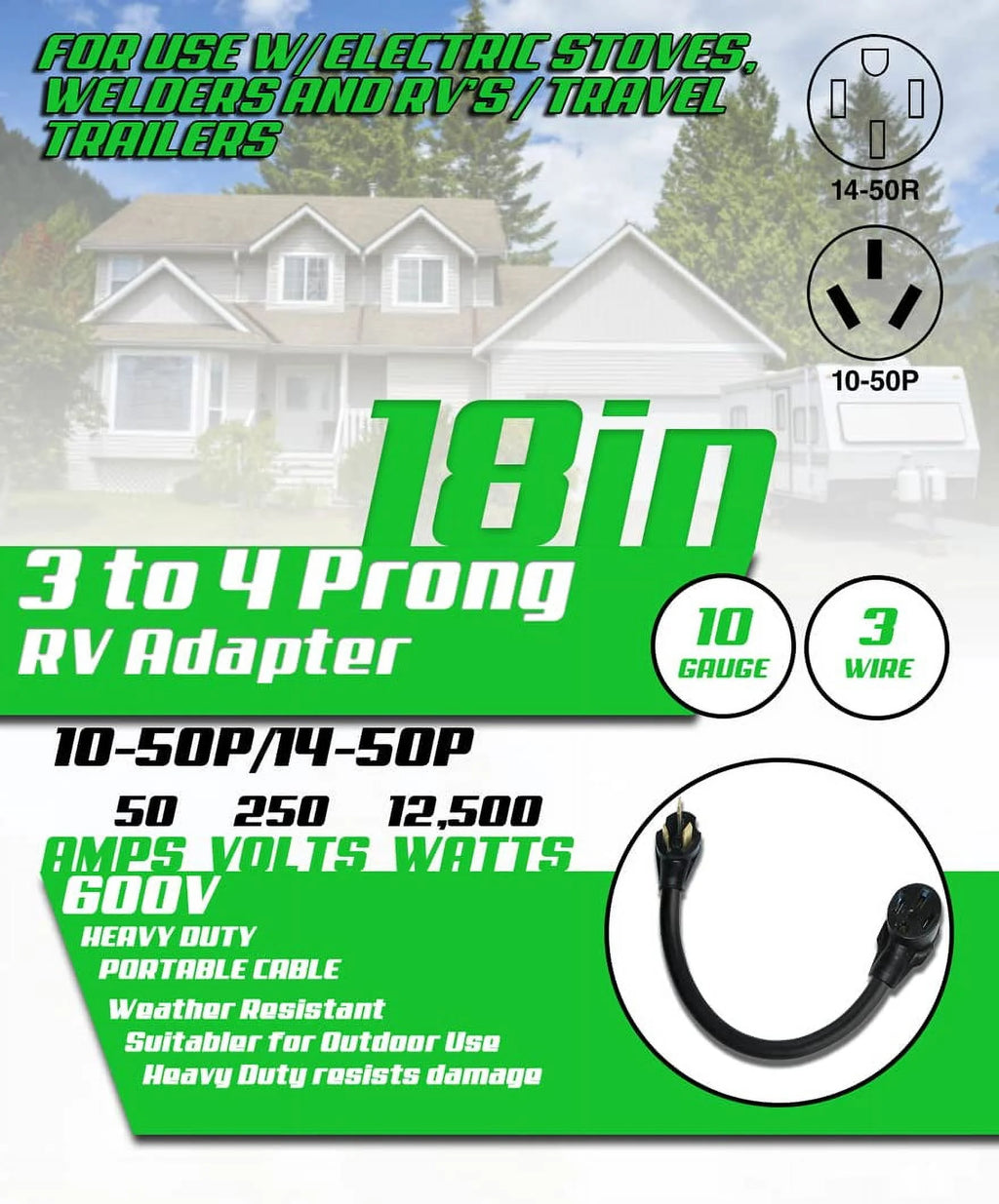 NEMA 10-50P To 14-50R 120V/240V 50 Amp 3 Prong Male Plug To 4 Prong Female Outlet Adapter A40334