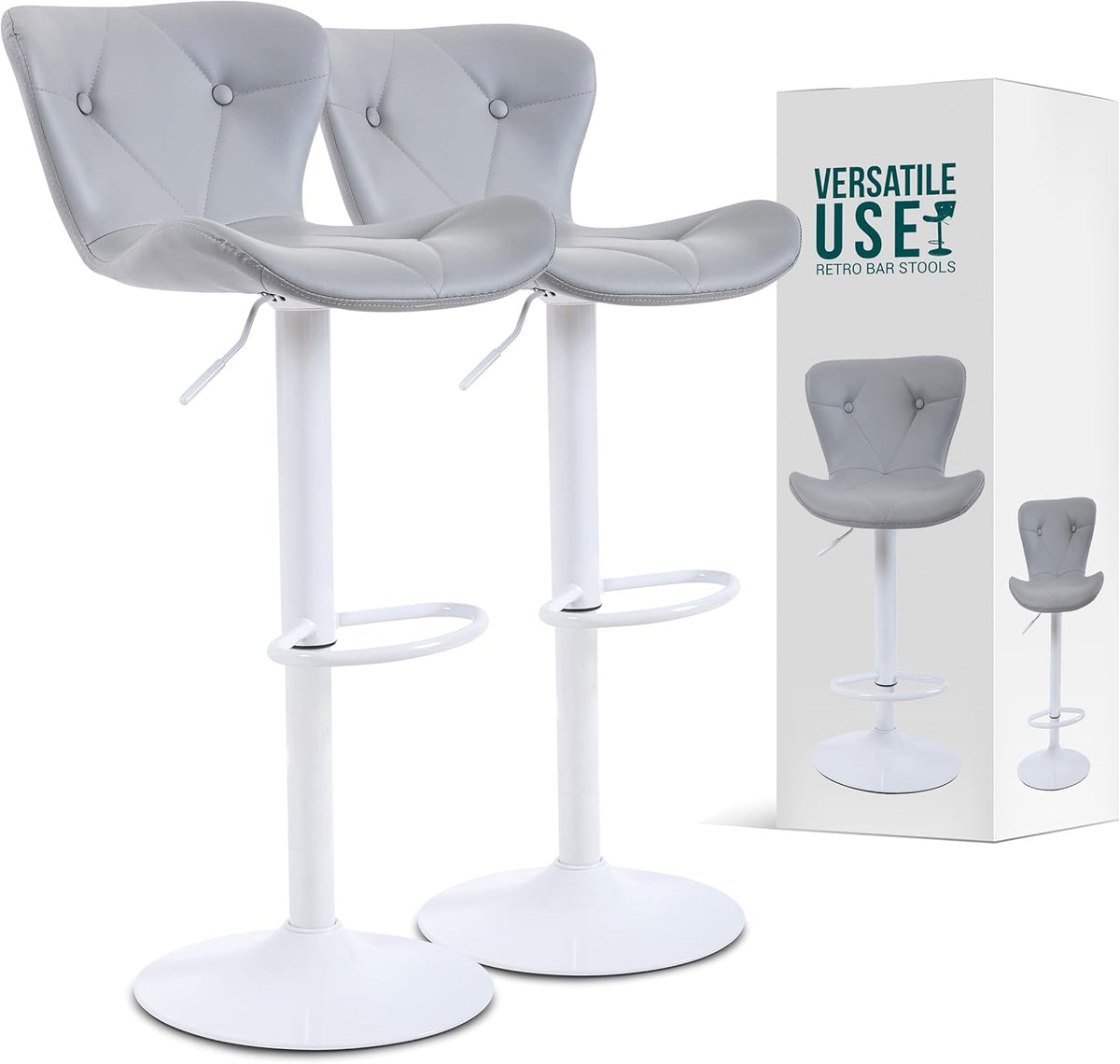 White Adjustable Swivel Bar Stool Set of 2 Q12419