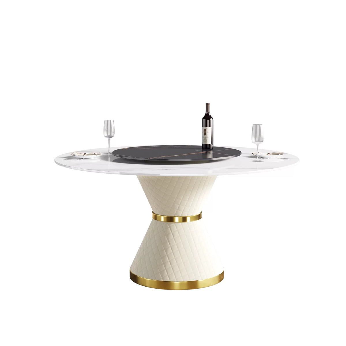 White Sintered Stone Round Dining Table with Black Slate Turntable Y312