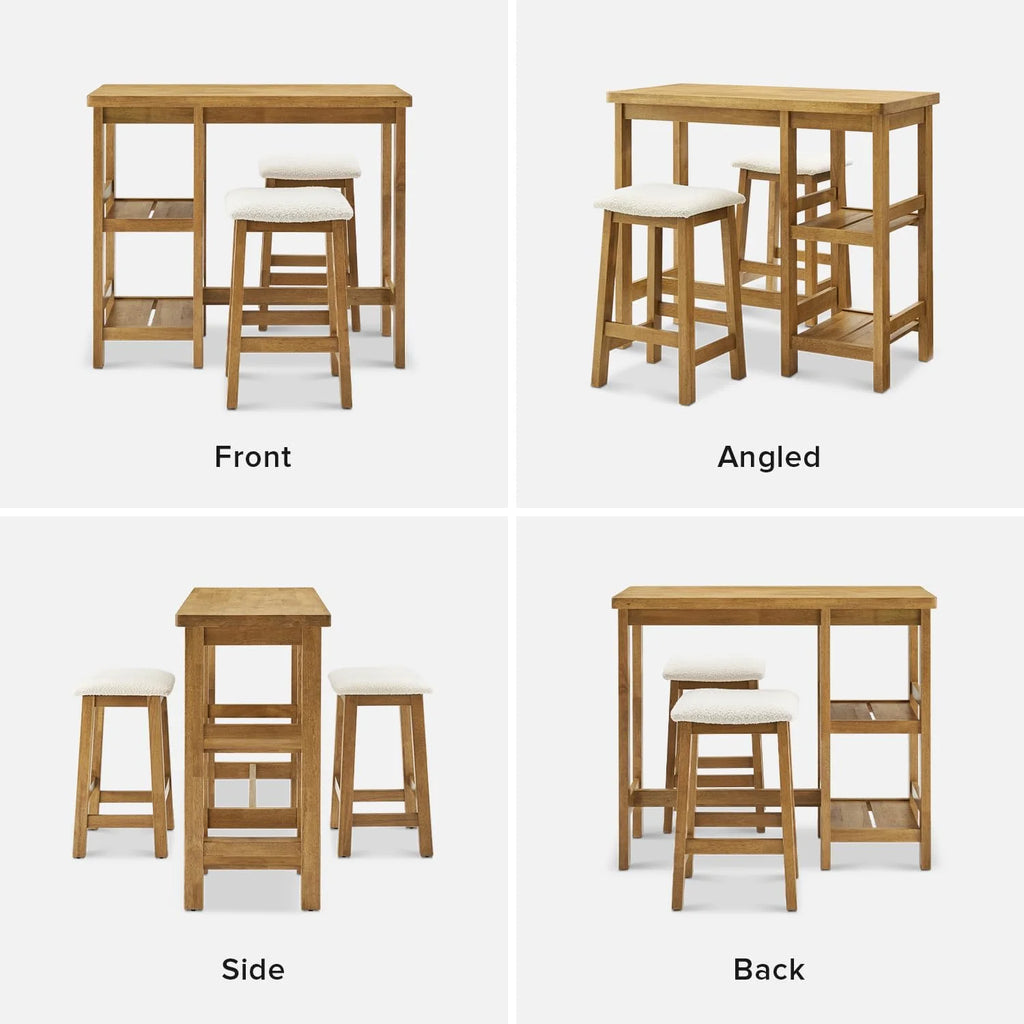 Solid Wood 3-Piece Counter Table Set with 2 Boucle Stools Z744