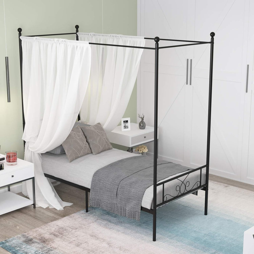 Twin White Metal Canopy Bed Frame with Steel Slats R87403